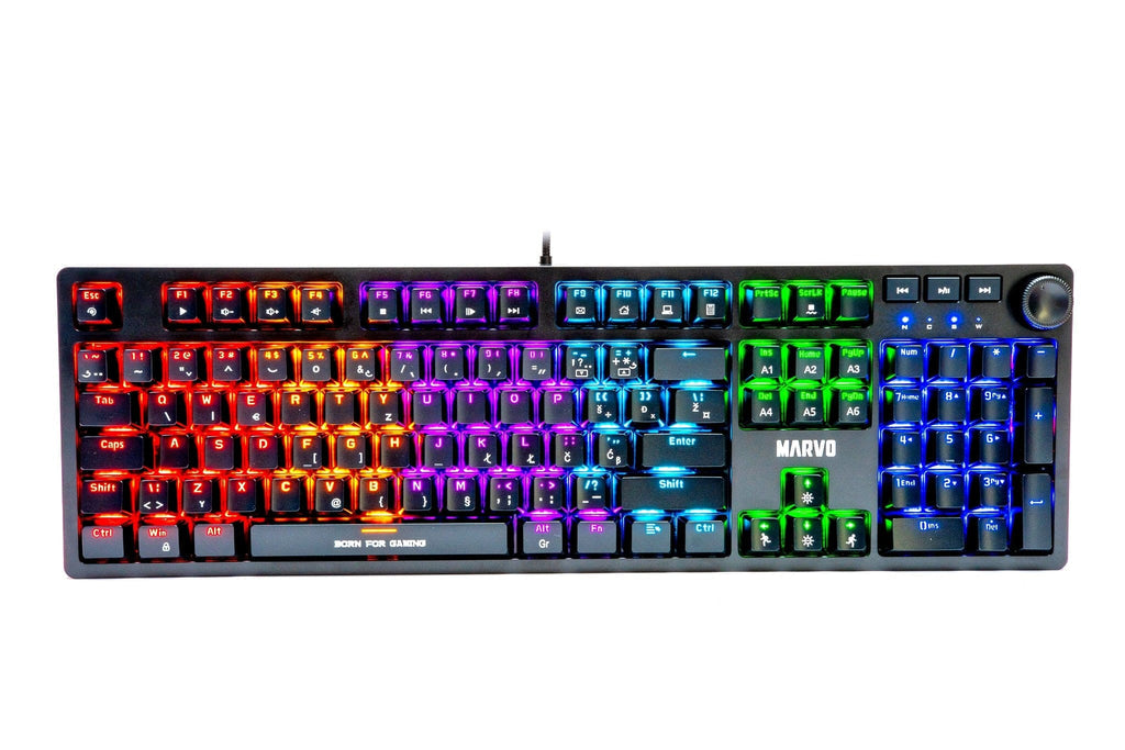 Marvo KG954 Mechanical Gaming Keyboard | 108 Keys · Jixian Blue Switches | Rainbow Backlight · 21 Lighting Modes | Detachable 1.6 m USB Type-C · Volume Knob | Black