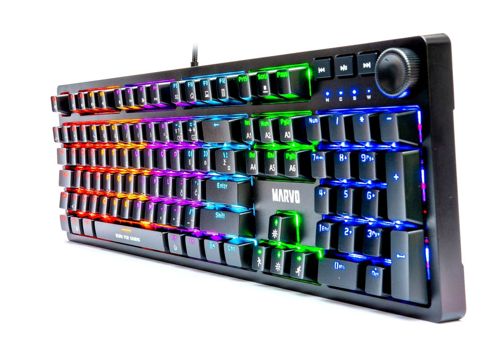 Marvo KG954 Mechanical Gaming Keyboard | 108 Keys · Jixian Blue Switches | Rainbow Backlight · 21 Lighting Modes | Detachable 1.6 m USB Type-C · Volume Knob | Black