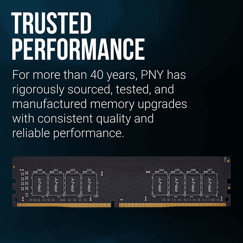 PNY Performance MD16GSD43200-TB 16GB (1 x 16GB) DDR4 Desktop Memory Module | DDR4-3200 MHz · PC4-25600 | CL22 · 1.2V | Non-ECC Unbuffered 288-Pin DIMM | Limited Lifetime Warranty