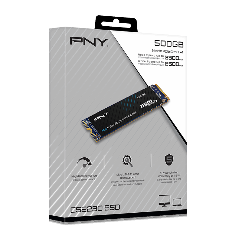 PNY CS2230 500GB M.2 2280 NVMe SSD | PCIe Gen3 x4 | 3300/2500 MB/s | 3D NAND · 1,000,000 h MTBF | 5-Year Limited Warranty