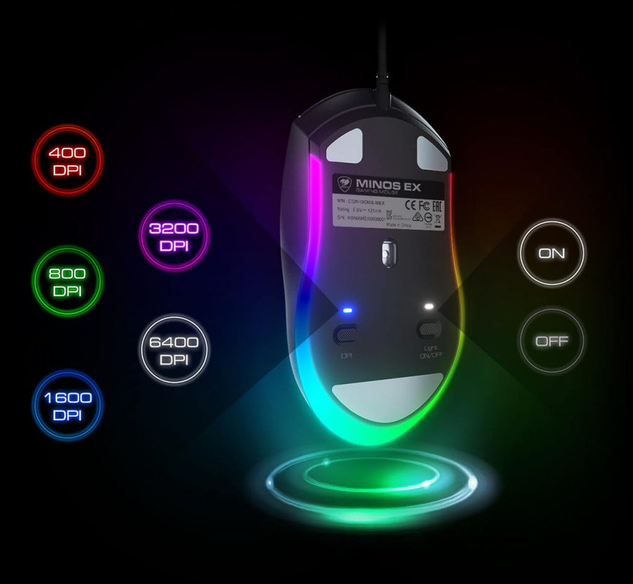 COUGAR MINOS EX Wired RGB Gaming Mouse | PAW3309 Optical Sensor · 6400 DPI | 1000 Hz Polling · 150 IPS | 20M-Click Switc