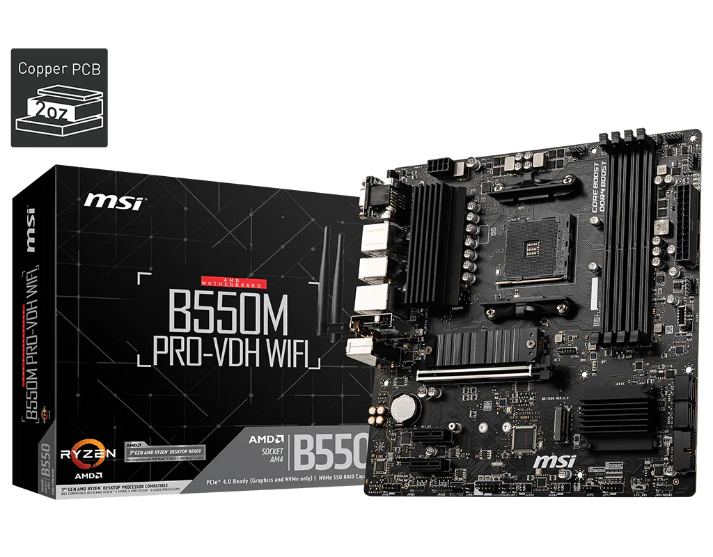 MSI B550M PRO-VDH WIFI Motherboard | AMD Socket AM4 · B550 Chipset | Micro-ATX | 4x DDR4 up to 128GB · 4400MHz (OC) | PCIe 4.0 x16 · Dual M.2 | Wi-Fi 5 · Bluetooth 4.2 · Gigabit LAN | VGA · HDMI · DisplayPort