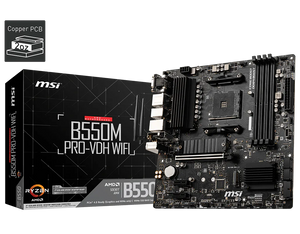 MSI B550M PRO-VDH WIFI Motherboard | AMD Socket AM4 · B550 Chipset | Micro-ATX | 4x DDR4 up to 128GB · 4400MHz (OC) | PCIe 4.0 x16 · Dual M.2 | Wi-Fi 5 · Bluetooth 4.2 · Gigabit LAN | VGA · HDMI · DisplayPort