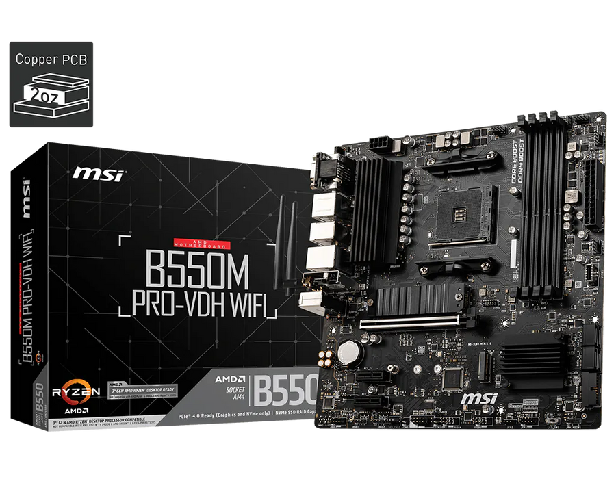 MSI B550M PRO-VDH WIFI Motherboard | AMD Socket AM4 · B550 Chipset | Micro-ATX | 4x DDR4 up to 128GB · 4400MHz (OC) | PC