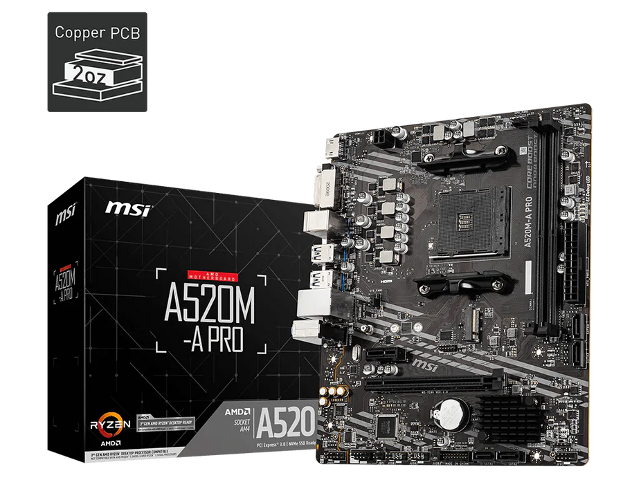 MSI A520M-A PRO Motherboard | AMD Socket AM4 · A520 Chipset | Micro-ATX | 2x DDR4 up to 64GB · 4600MHz (OC) | PCIe 3.0 x