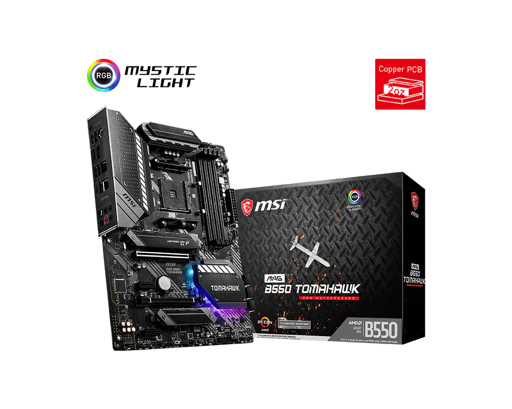 MSI MAG B550 Tomahawk | AMD AM4 ATX Motherboard | DDR4 5100+ | PCIe 4.0 | Dual M.2 with Shield Frozr | Dual LAN (2.5G + 1G) | USB 3.2 Gen 2 Type-C | For Ryzen 3000/4000/5000 Series