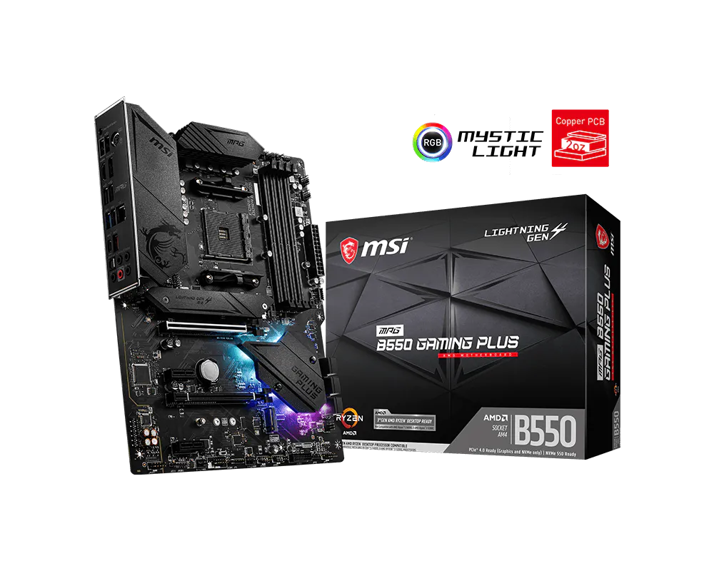 MSI MPG B550 Gaming Plus | AMD AM4 ATX Motherboard | DDR4 4400+ | PCIe 4.0 | Dual M.2 with Shield Frozr | 2.5G LAN | USB 3.2 Gen 2 | Mystic Light RGB | For Ryzen 3000/4000/5000 Series