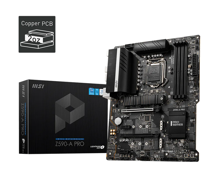 MSI Z590-A PRO Motherboard | Intel Z590 · Socket LGA1200 | 4x DDR4 · up to 128GB · 5333MHz OC | PCIe 4.0 · 3x M.2 · 6x S
