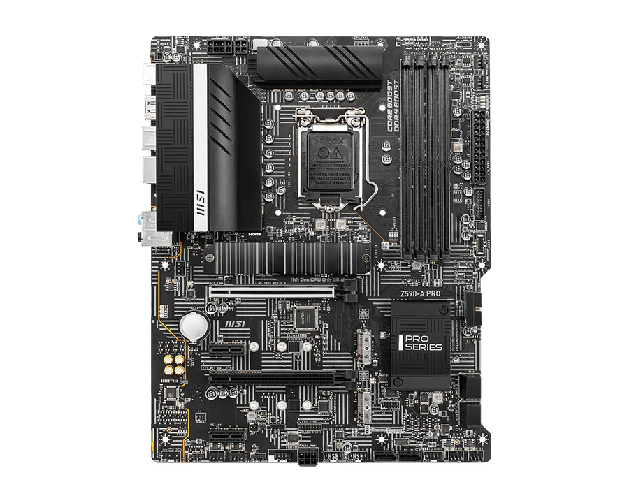 MSI Z590-A PRO Motherboard | Intel Z590 · Socket LGA1200 | 4x DDR4 · up to 128GB · 5333MHz OC | PCIe 4.0 · 3x M.2 · 6x S