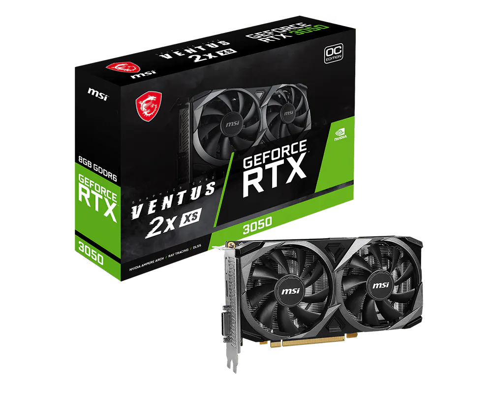 MSI GeForce RTX 3050 VENTUS 2X XS 8G OC Graphics Card | 8GB GDDR6 · 128-bit · 14 Gbps | 2560 CUDA Cores · 1807 MHz Boost | PCIe Gen 4 x8 · HDMI 2.1 + DisplayPort 1.4a + DVI-D | Black
