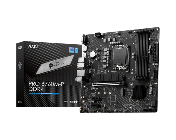 MSI PRO B760M-P DDR4 Motherboard | Intel B760 · LGA 1700 | 4× DDR4 up to 128GB | 2× M.2 PCIe 4.0 · PCIe 4.0 x16 | USB-C 