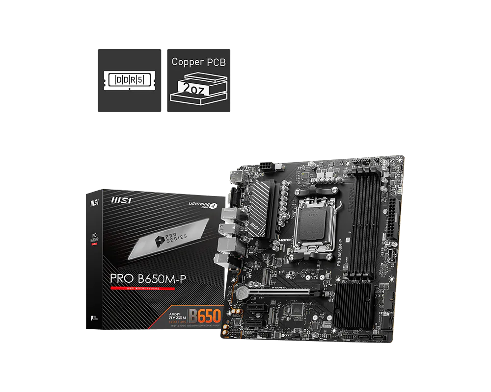 MSI PRO B650M-P Motherboard | AMD B650 · Socket AM5 | 4× DDR5 up to 256GB · 7200+ MHz OC | 2× M.2 PCIe 4.0 · PCIe 4.0 x16 | 2.5G LAN · USB-C 10Gbps | Micro-ATX | Black