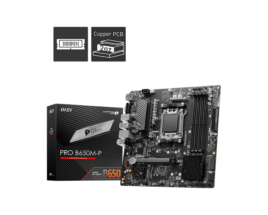 MSI PRO B650M-P Motherboard | AMD B650 · Socket AM5 | 4× DDR5 up to 256GB · 7200+ MHz OC | 2× M.2 PCIe 4.0 · PCIe 4.0 x1