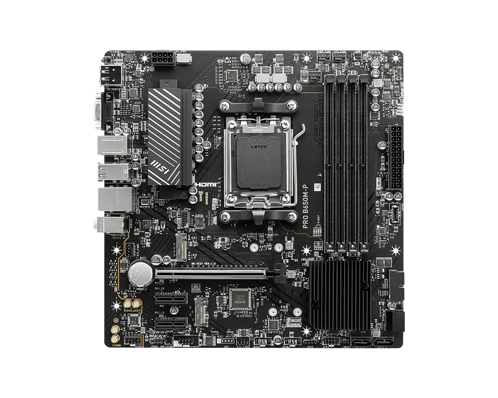 MSI PRO B650M-P Motherboard | AMD B650 · Socket AM5 | 4× DDR5 up to 256GB · 7200+ MHz OC | 2× M.2 PCIe 4.0 · PCIe 4.0 x16 | 2.5G LAN · USB-C 10Gbps | Micro-ATX | Black