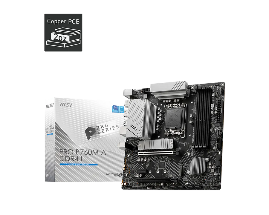MSI PRO B760M-A DDR4 II Motherboard | Intel B760 · LGA 1700 | 4× DDR4 up to 128GB · 5333 MHz OC | 2× M.2 PCIe 4.0 · PCIe