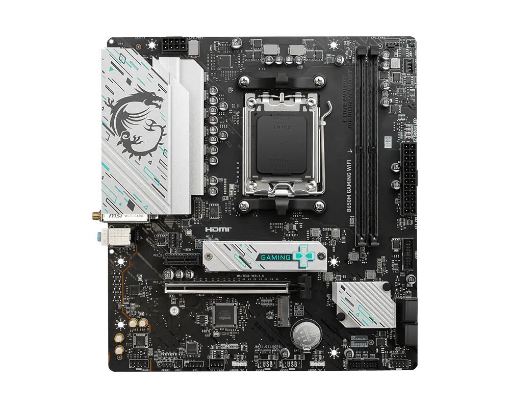 MSI B650M GAMING WIFI Micro-ATX Motherboard | AMD B650 · Socket AM5 | 2x DDR5 · up to 128GB · 7800+MHz OC | 2x M.2 PCIe 4.0 · 4x SATA 6G | Wi-Fi 6E · BT 5.3 · 2.5G LAN
