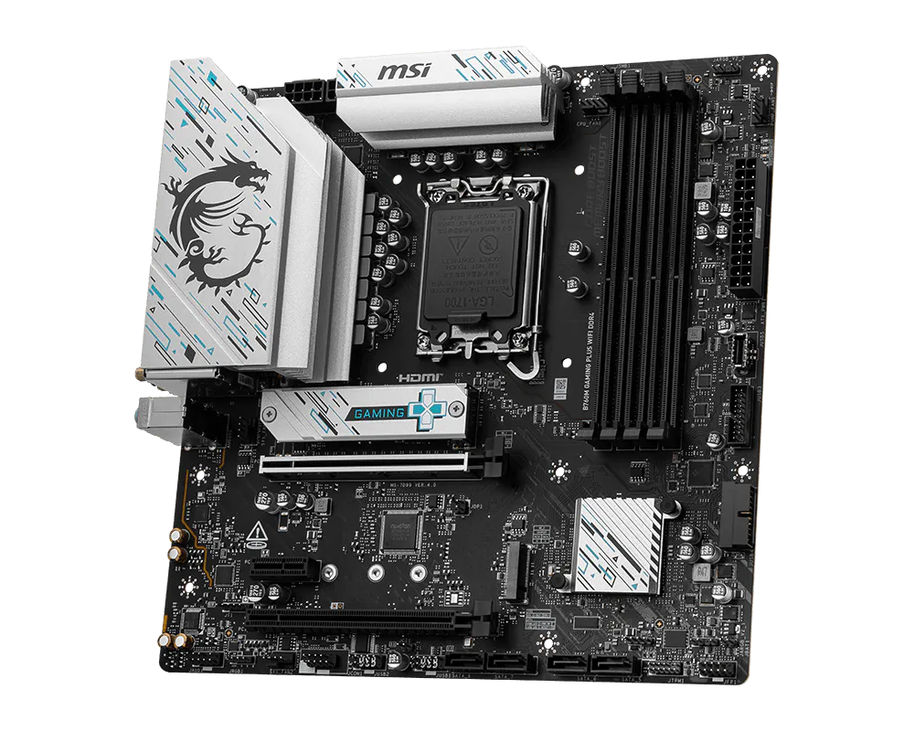 MSI B760M GAMING PLUS WIFI DDR4 Motherboard | Intel B760 · LGA 1700 · 14th/13th/12th Gen | 4 × DDR4 up to 128GB · 5333 MHz (OC) | 2 × M.2 PCIe 4.0 x4 · 4 × SATA 6Gb/s | Wi-Fi 6E · BT 5.3 · 2.5G LAN | Micro-ATX