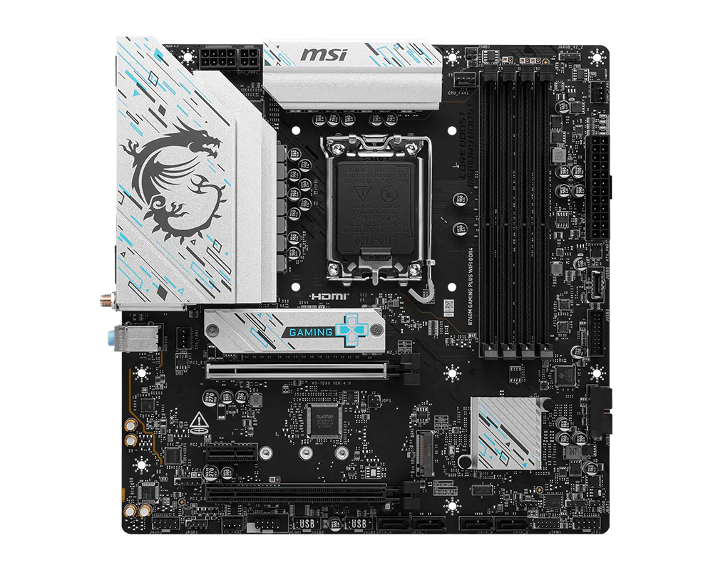 MSI B760M GAMING PLUS WIFI DDR4 Motherboard | Intel B760 · LGA 1700 · 14th/13th/12th Gen | 4 × DDR4 up to 128GB · 5333 MHz (OC) | 2 × M.2 PCIe 4.0 x4 · 4 × SATA 6Gb/s | Wi-Fi 6E · BT 5.3 · 2.5G LAN | Micro-ATX