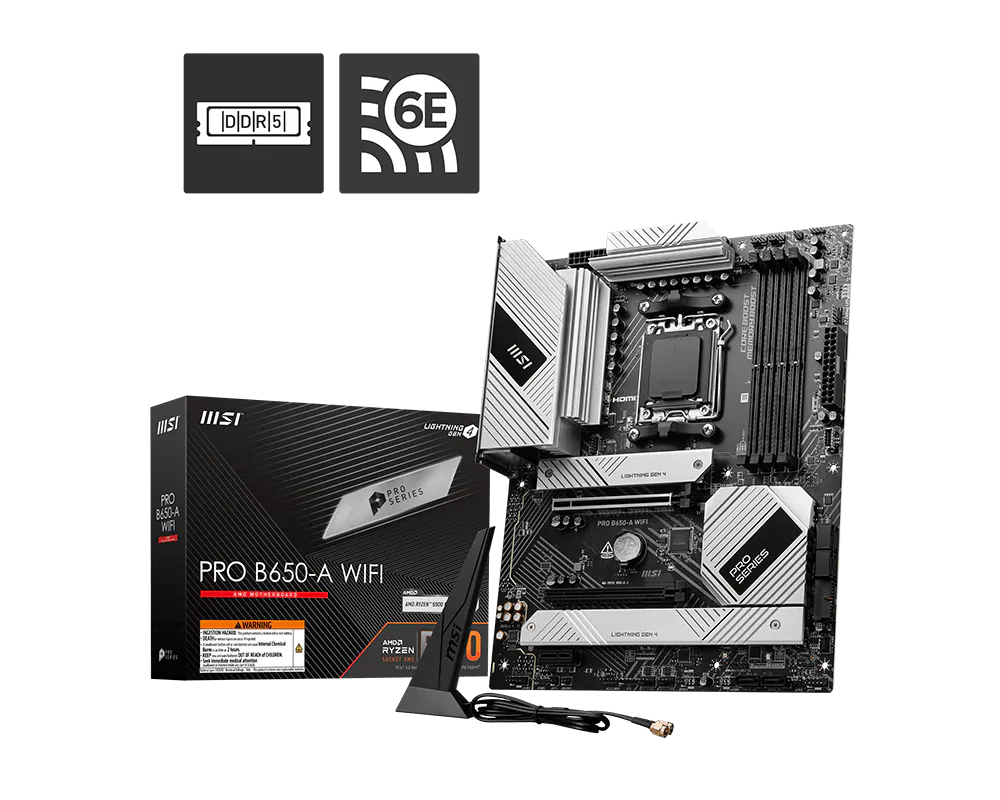 MSI PRO B650-A WiFi | AMD AM5 ATX Motherboard | DDR5 7600+ | PCIe 4.0 | 3× M.2 Gen4 | WiFi 6E | 2.5G LAN | USB 3.2 Gen 2x2 | For Ryzen 7000/8000/9000 | Pro Series