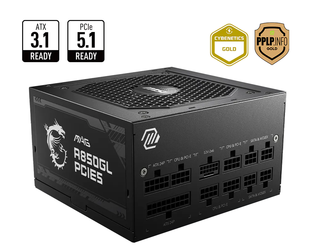 MSI MAG A850GL PCIE5 Fully Modular Gaming Power Supply 850W Black | 80+ Gold + Cybenetics Gold | ATX 3.1 + PCIe 5.1 | Native Dual-Color 12V-2x6 Cable | Compact 140mm | 120mm FDB Fan | 2x Power Excursion | 3x GPU Excursion | NVIDIA RTX 50 Ready