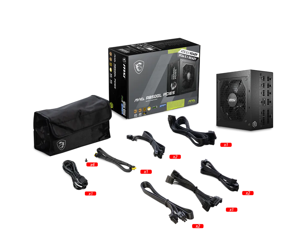 MSI MAG A850GL PCIE5 Fully Modular Gaming Power Supply 850W Black | 80+ Gold + Cybenetics Gold | ATX 3.1 + PCIe 5.1 | Native Dual-Color 12V-2x6 Cable | Compact 140mm | 120mm FDB Fan | 2x Power Excursion | 3x GPU Excursion | NVIDIA RTX 50 Ready