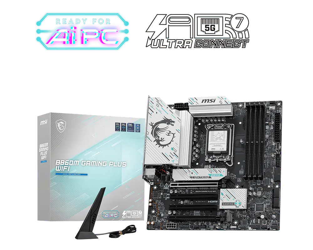 MSI B860M GAMING PLUS WIFI Motherboard | Intel LGA 1851 · B860 Chipset | Micro-ATX | 4x DDR5 up to 256GB · 8800+ MT/s (OC) | PCIe 5.0 x16 · 3x M.2 (Gen5) | Wi-Fi 7 · Bluetooth 5.4 · Killer 5G LAN | Thunderbolt 4 · HDMI 2.1 · DisplayPort