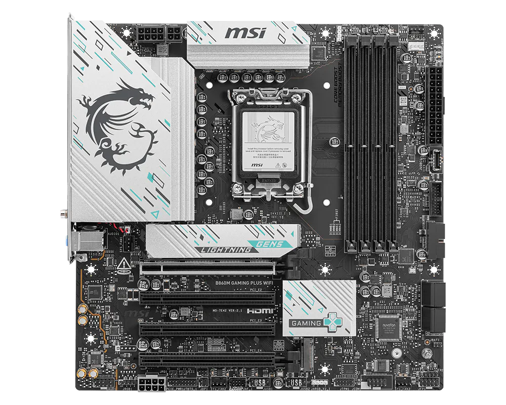 MSI B860M GAMING PLUS WIFI Motherboard | Intel LGA 1851 · B860 Chipset | Micro-ATX | 4x DDR5 up to 256GB · 8800+ MT/s (OC) | PCIe 5.0 x16 · 3x M.2 (Gen5) | Wi-Fi 7 · Bluetooth 5.4 · Killer 5G LAN | Thunderbolt 4 · HDMI 2.1 · DisplayPort