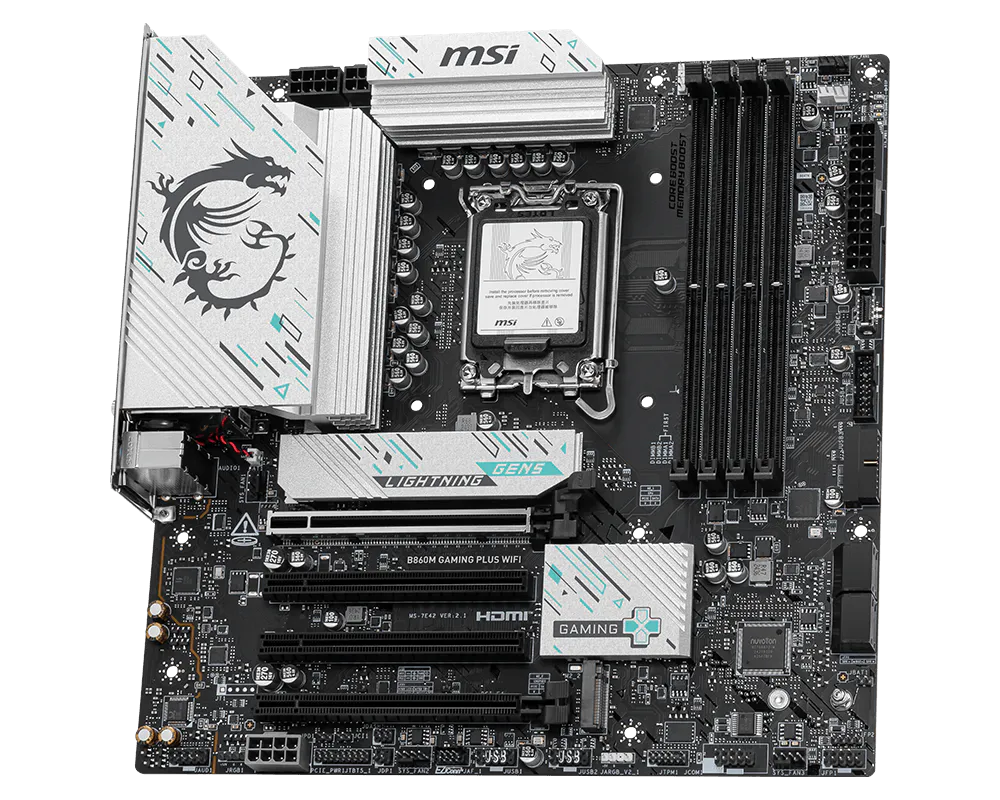 MSI B860M GAMING PLUS WIFI Motherboard | Intel LGA 1851 · B860 Chipset | Micro-ATX | 4x DDR5 up to 256GB · 8800+ MT/s (OC) | PCIe 5.0 x16 · 3x M.2 (Gen5) | Wi-Fi 7 · Bluetooth 5.4 · Killer 5G LAN | Thunderbolt 4 · HDMI 2.1 · DisplayPort