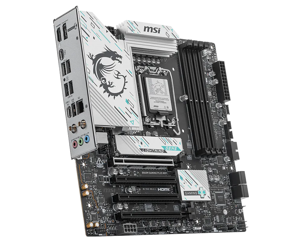 MSI B860M GAMING PLUS WIFI Motherboard | Intel LGA 1851 · B860 Chipset | Micro-ATX | 4x DDR5 up to 256GB · 8800+ MT/s (OC) | PCIe 5.0 x16 · 3x M.2 (Gen5) | Wi-Fi 7 · Bluetooth 5.4 · Killer 5G LAN | Thunderbolt 4 · HDMI 2.1 · DisplayPort
