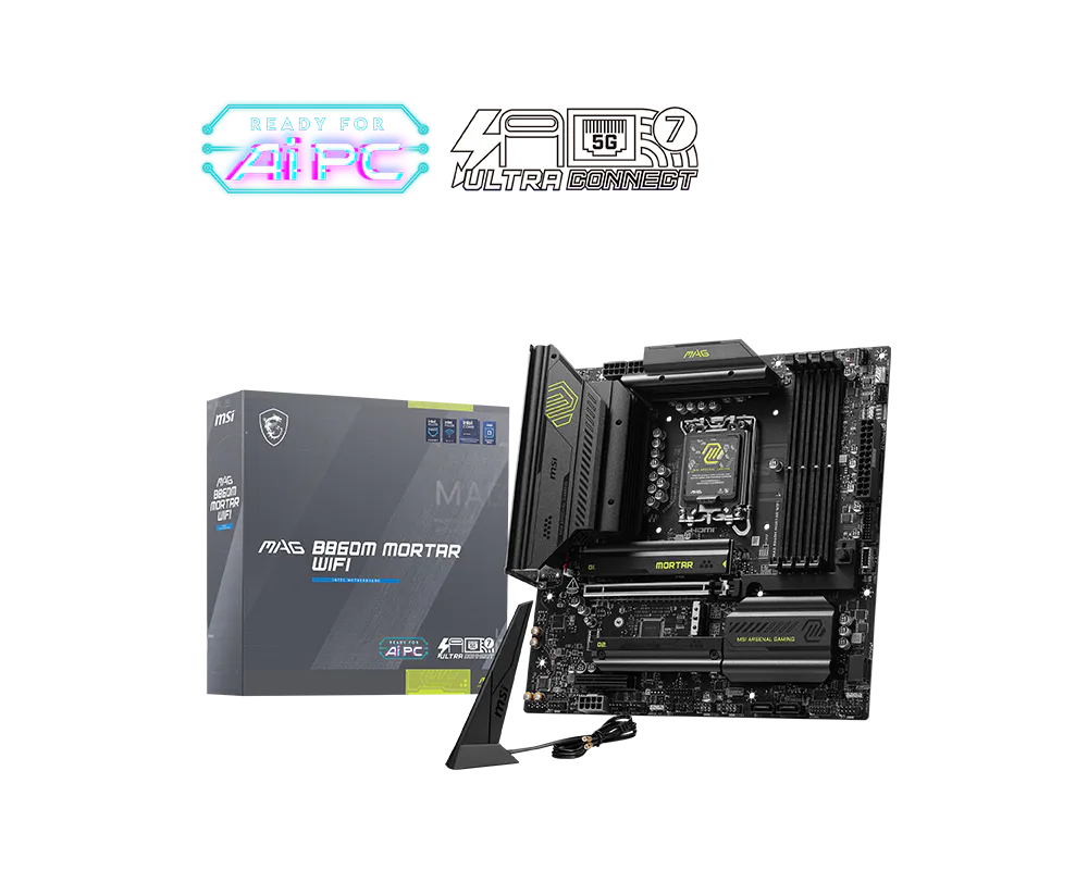 MSI MAG B860M MORTAR WIFI Motherboard | Intel LGA 1851 · B860 Chipset | Micro-ATX | 4x DDR5 up to 256GB · 9200+ MT/s (OC) | PCIe 5.0 x16 · 3x M.2 (Gen5) | Wi-Fi 7 · Bluetooth 5.4 · Killer 5G LAN | Thunderbolt 4 · HDMI 2.1 · DisplayPort