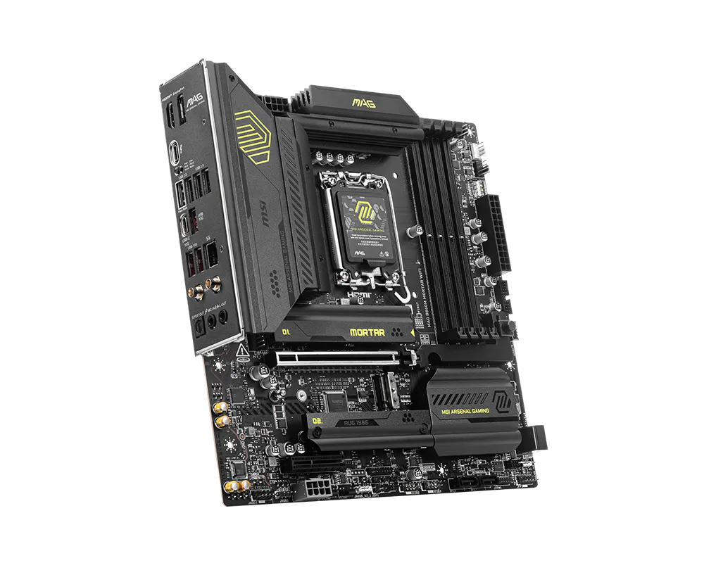 MSI MAG B860M MORTAR WIFI Motherboard | Intel LGA 1851 · B860 Chipset | Micro-ATX | 4x DDR5 up to 256GB · 9200+ MT/s (OC) | PCIe 5.0 x16 · 3x M.2 (Gen5) | Wi-Fi 7 · Bluetooth 5.4 · Killer 5G LAN | Thunderbolt 4 · HDMI 2.1 · DisplayPort