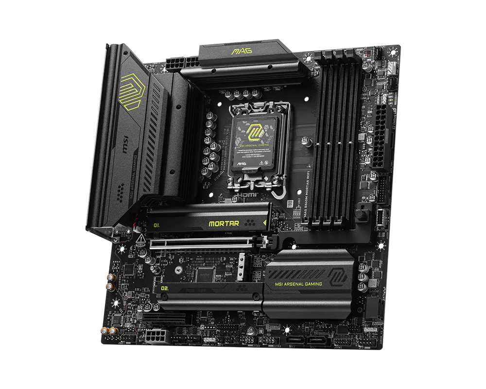 MSI MAG B860M MORTAR WIFI Motherboard | Intel LGA 1851 · B860 Chipset | Micro-ATX | 4x DDR5 up to 256GB · 9200+ MT/s (OC) | PCIe 5.0 x16 · 3x M.2 (Gen5) | Wi-Fi 7 · Bluetooth 5.4 · Killer 5G LAN | Thunderbolt 4 · HDMI 2.1 · DisplayPort
