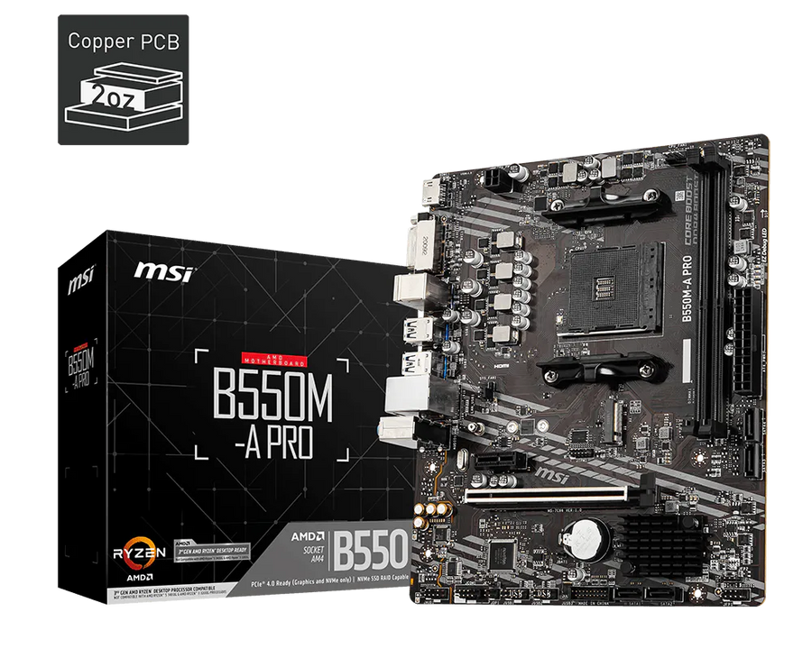 MSI B550M-A PRO Motherboard | AMD Socket AM4 · B550 Chipset | Micro-ATX | 2x DDR4 up to 64GB · 4600MHz (OC) | PCIe 4.0 x
