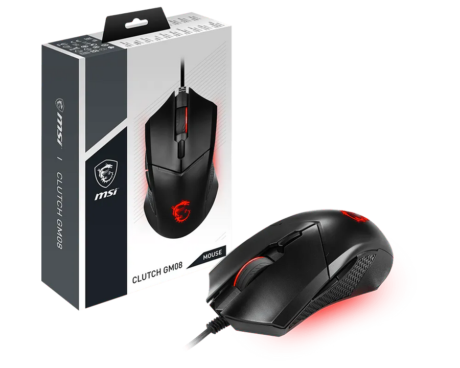 MSI Clutch GM08 Gaming Mouse | PixArt PAW-3519 · Up to 4200 DPI | 6 Buttons · 1000 Hz / 1 ms | 92 g · Adjustable Weights