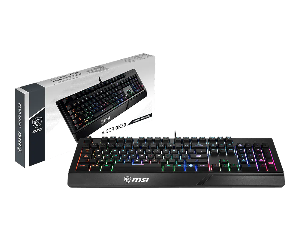 MSI Vigor GK20 Gaming Keyboard | Membrane | Multi-Colour Backlight · 3 Modes | 12-Key Anti-Ghosting | Water-Repellent · Ergonomic Keycaps | Black