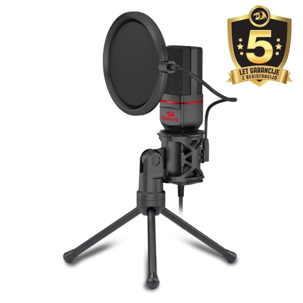 Redragon GM100 Seyfert Studio Microphone Kit | Omnidirectional Condenser | 50 Hz–16 kHz · -30±3 dB · ≤2.2 kΩ | 3.5 mm AUX · 1.8 m Cable | Tripod · Metal Pop Filter · Anti-Shake Mount | Black