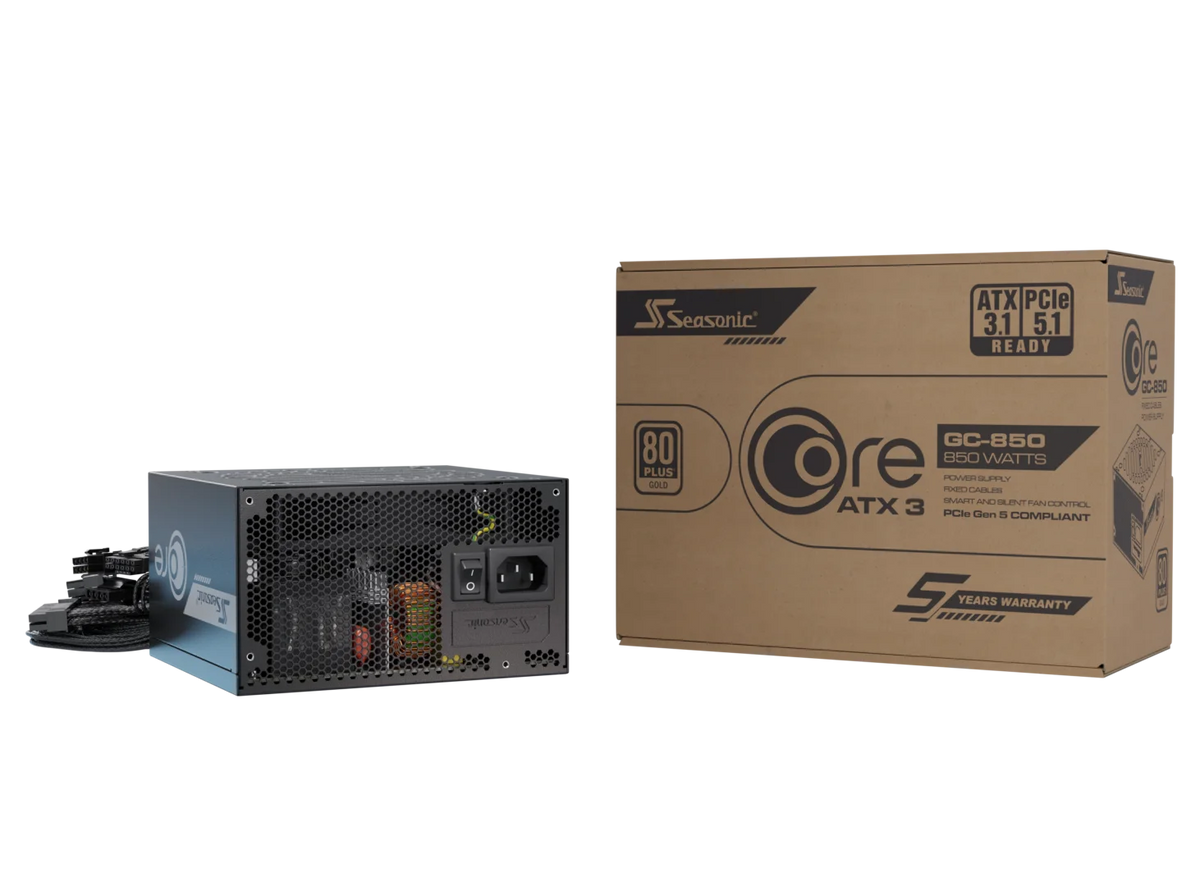 Seasonic CORE GC-850 850W ATX Power Supply | 80 PLUS Gold | ATX 3.1 · PCIe 5.1 · 12V-2x6 600W | Fixed Braided Cables | 120 mm HDB Fan | 5-Year Warranty | Black