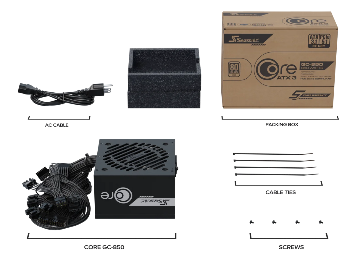 Seasonic CORE GC-850 850W ATX Power Supply | 80 PLUS Gold | ATX 3.1 · PCIe 5.1 · 12V-2x6 600W | Fixed Braided Cables | 120 mm HDB Fan | 5-Year Warranty | Black
