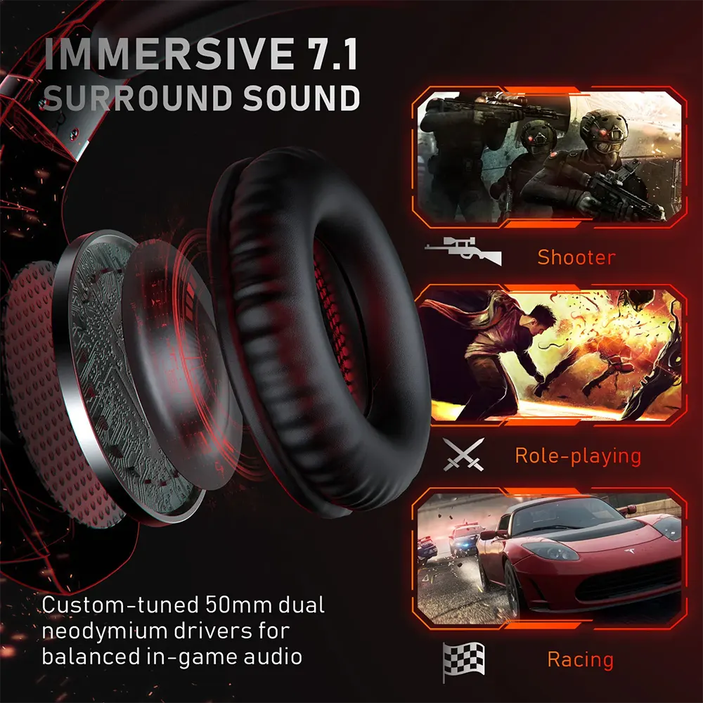RUNMUS K11 Gaming Headset | 50mm Dual Neodymium Drivers | 7.1 Surround Sound | Wired USB + 3.5mm · LED Lighting | Black