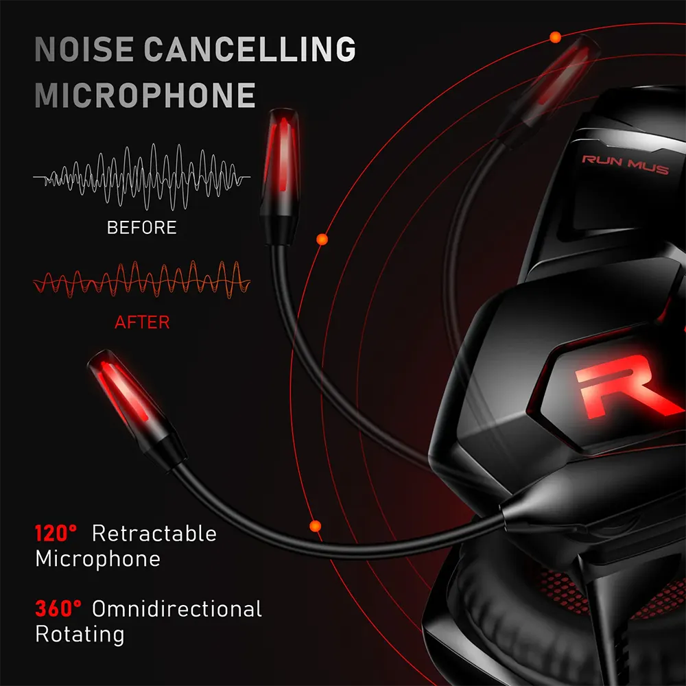 RUNMUS K11 Gaming Headset | 50mm Dual Neodymium Drivers | 7.1 Surround Sound | Wired USB + 3.5mm · LED Lighting | Black