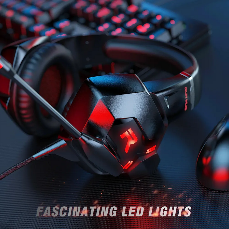 RUNMUS K11 Gaming Headset | 50mm Dual Neodymium Drivers | 7.1 Surround Sound | Wired USB + 3.5mm · LED Lighting | Black
