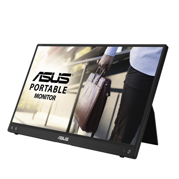 ASUS ZenScreen MB16ACV 15.6 inch portable monitor, front three-quarter view on kickstand