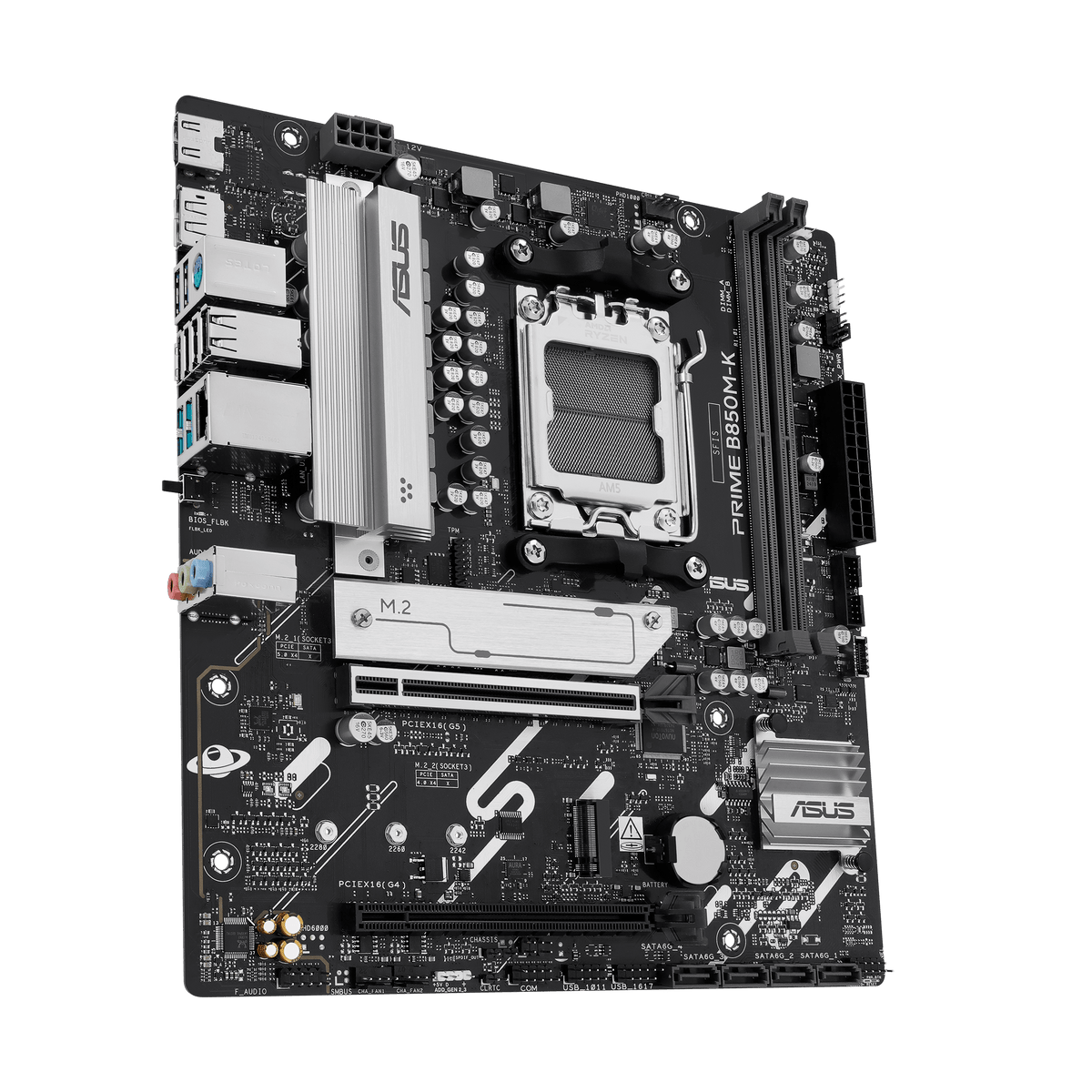 ASUS PRIME B850M-K Micro-ATX Gaming Motherboard | AMD B850 · Socket AM5 | DDR5 2 DIMM · up to 128GB · 8200+ MT/s OC | PCIe 5.0 x16 · M.2 PCIe 5.0 + M.2 PCIe 4.0 · 4× SATA 6Gb/s | Realtek 2.5Gb LAN | HDMI + DisplayPort | 7.1 Audio