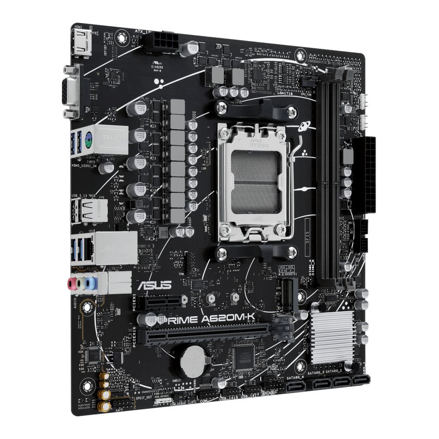 ASUS PRIME A620M-K AMD A620 Micro-ATX Motherboard | Socket AM5 · Ryzen 9000/8000/7000 | 2× DDR5 · 96GB · 7200 MHz (OC) ·