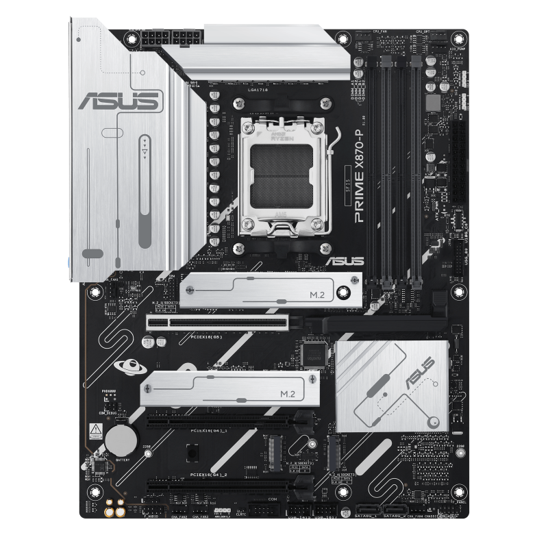 ASUS PRIME X870-P Motherboard | AMD X870 · Socket AM5 · ATX | DDR5 8000+ MT/s · 4 DIMM · 256GB | PCIe 5.0 · 4x M.2 · 2x 