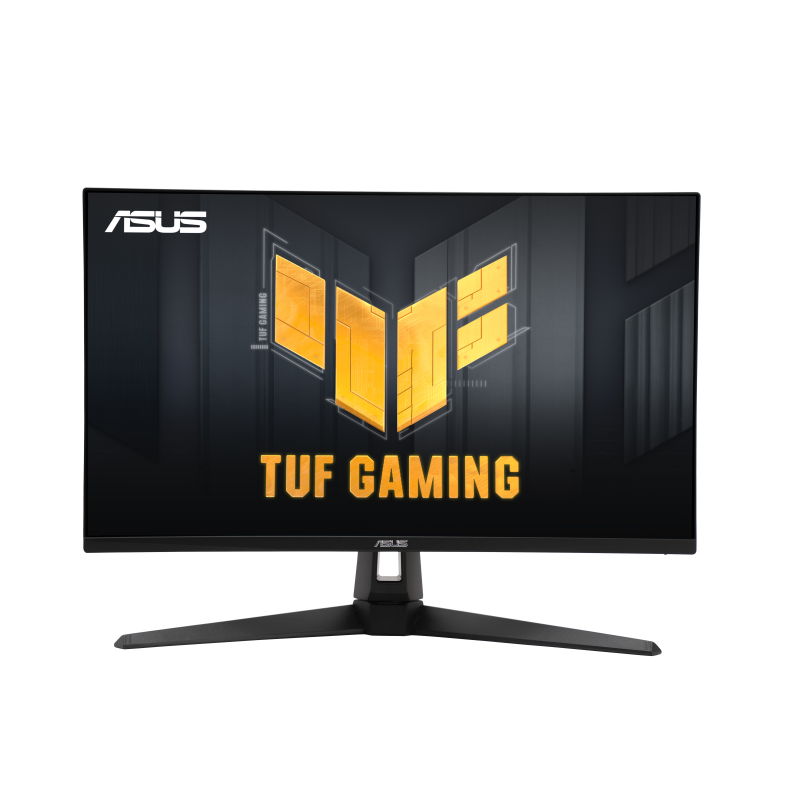 ASUS TUF Gaming VG279QM1A 27 inch gaming monitor, front view on its tripod stand