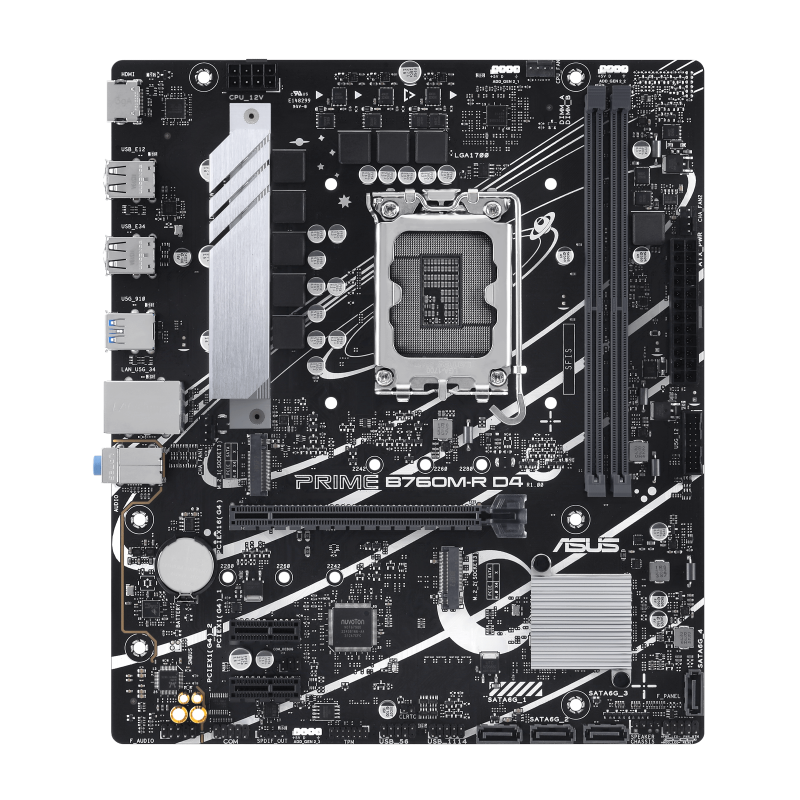 ASUS PRIME B760M-R D4 Motherboard | Intel B760 · LGA 1700 | 2 x DDR4 up to 64GB · 5333 MT/s (OC) | 2 x PCIe 4.0 M.2 · 4 