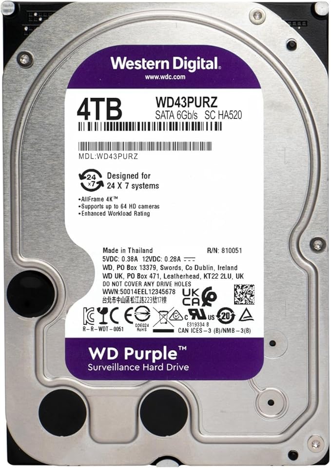 Western Digital WD Purple WD43PURZ Surveillance Hard Drive | 4TB · SATA 6Gb/s | 3.5-inch · 256MB Cache · CMR | 180TB/yr 