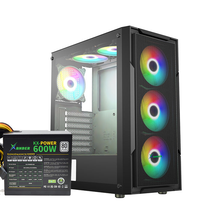 Xander Hulk Mid-Tower Gaming PC Case + 600W 80 PLUS White PSU | E-ATX · ATX · Micro-ATX · Mini-ITX | 4× 120mm ARGB Fans 